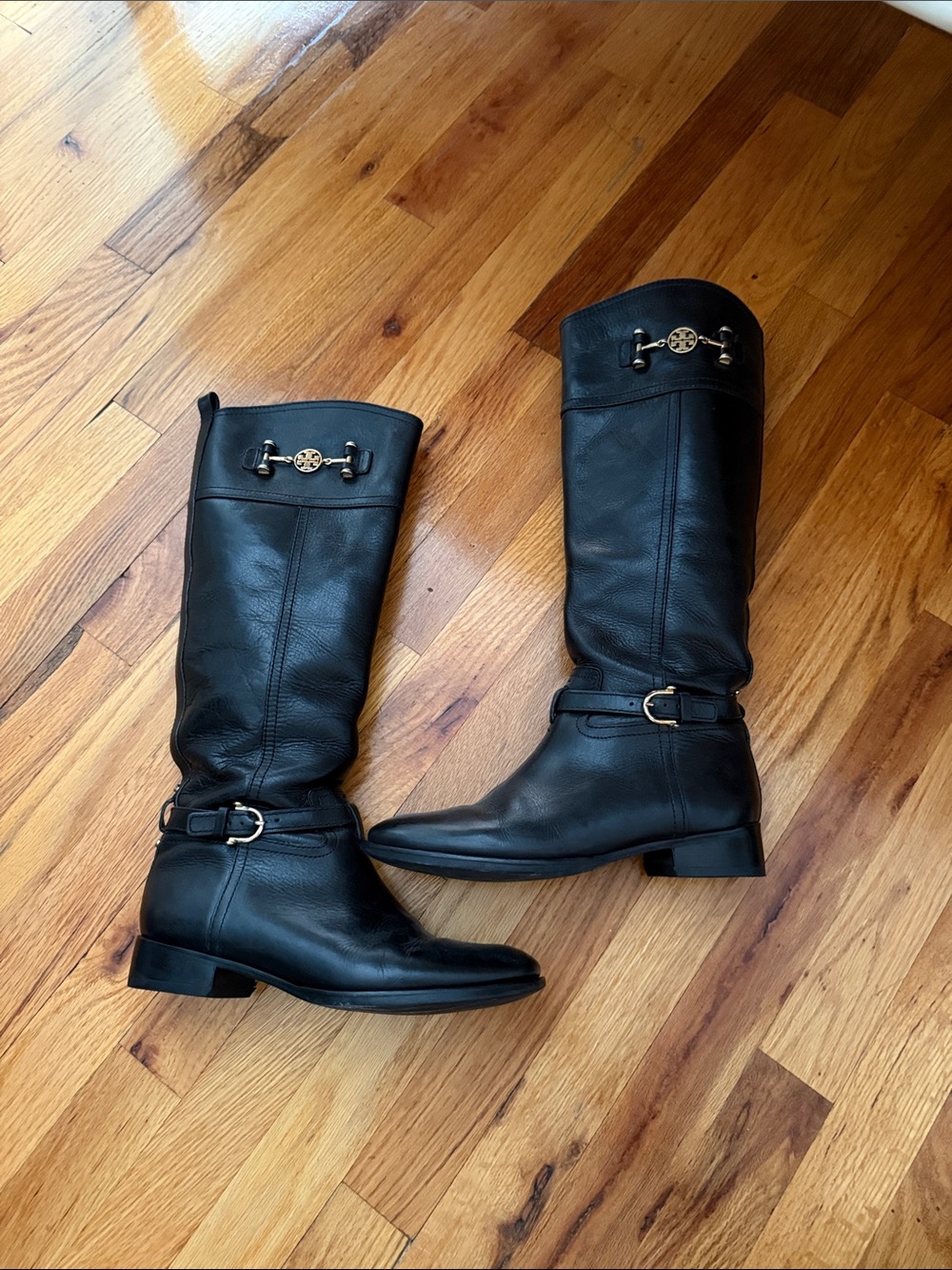 Tory Burch Black Leather Knee-High Riding Boots with Gold Emblem